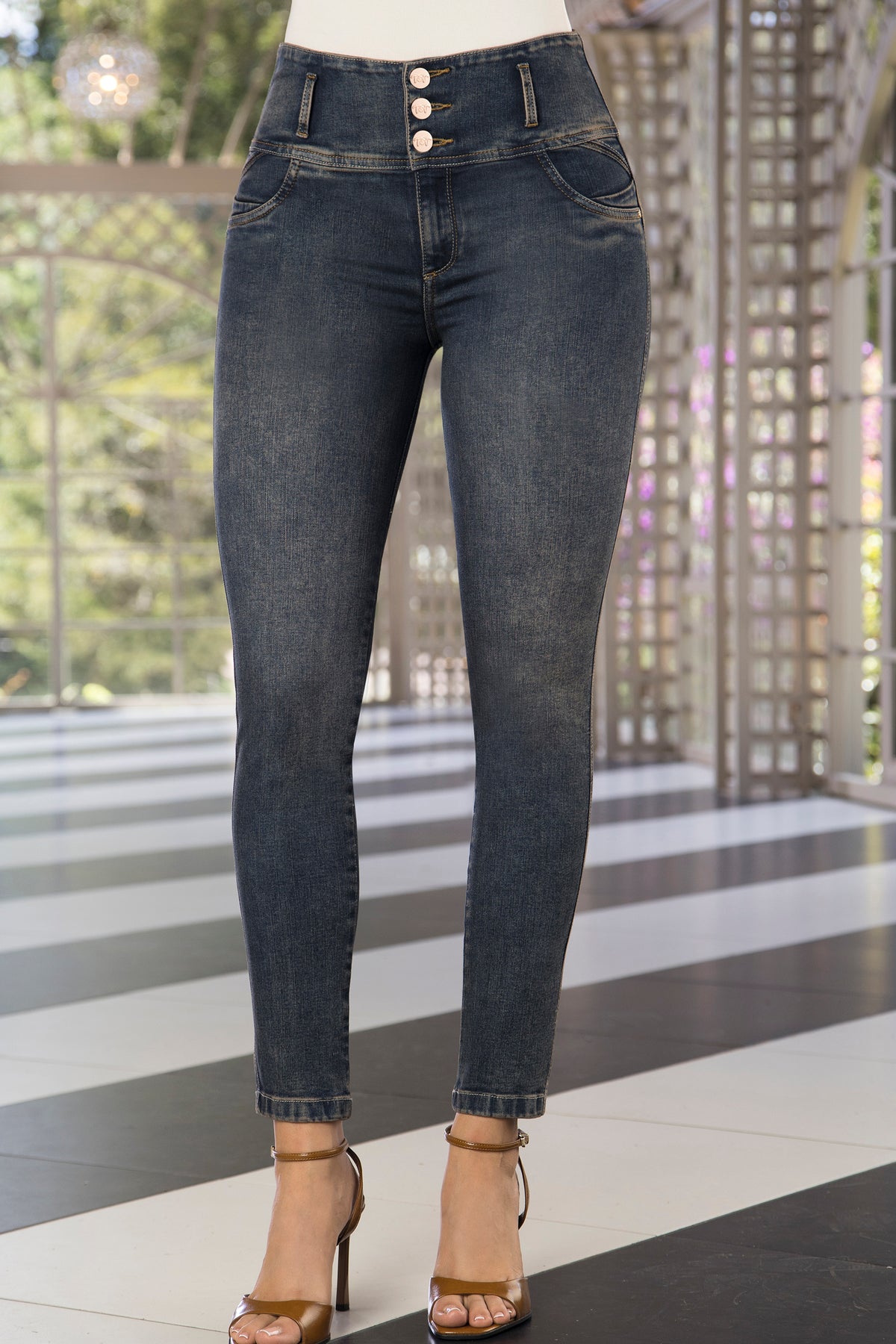 Jean skinny con lentejuelas tiro alto azul oscuro – Ekhymosis