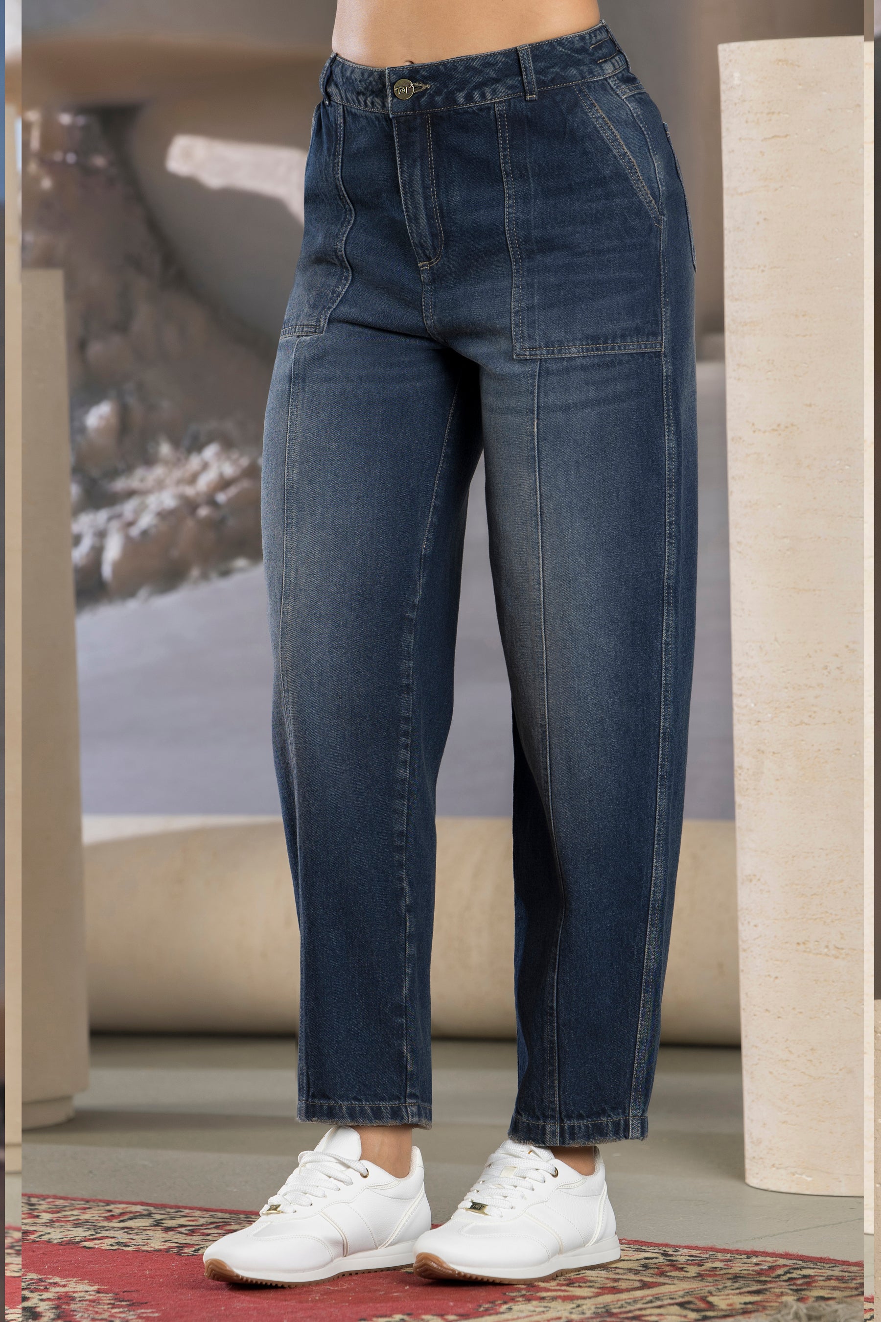 Jean Barrel Índigo Rígido Tiro Alto Azul Oscuro Vintage – GOZO